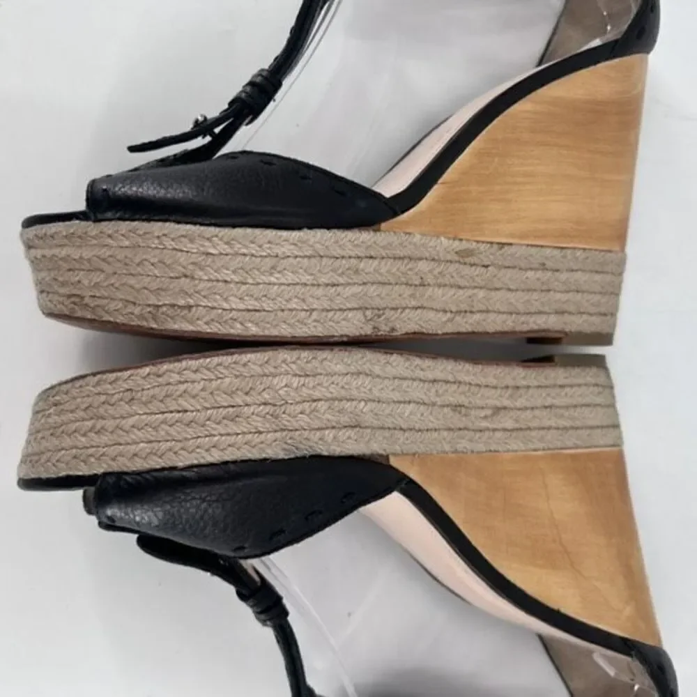 Coach Gala Black Leather Wedges Espadrille Wood Size 10 Peep toe T Strap Sandals